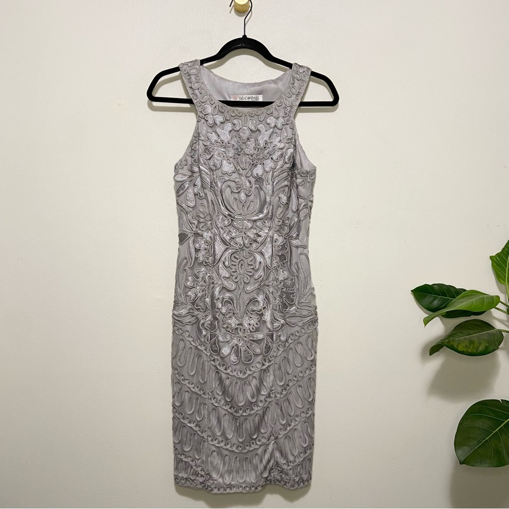 Sue Wong Gray Halter Sleeveless Embroidered Mesh Sheath Dress